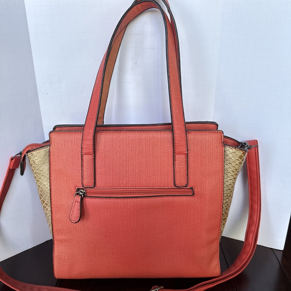 Coral Orange Pebbled Leather Tote Bag Structured Crossbody Purse